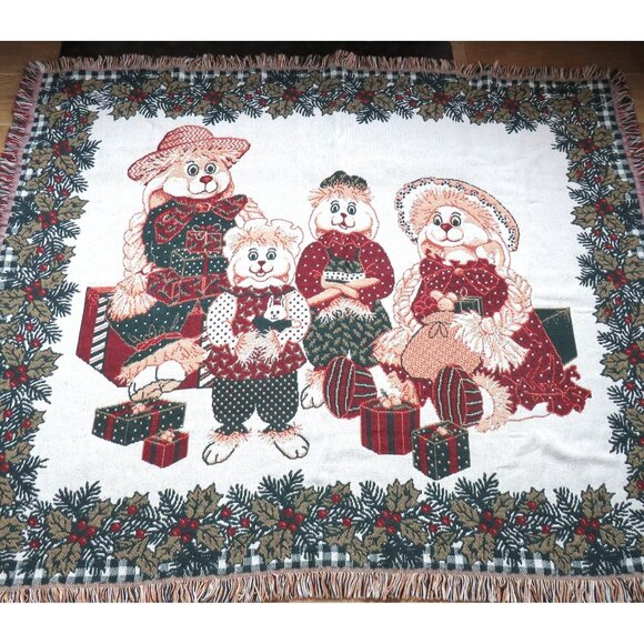 Goodwin Weavers Blanket Vintage Christmas Tapestry Throw Bunny Rabbit Family - Picture 1 of 9